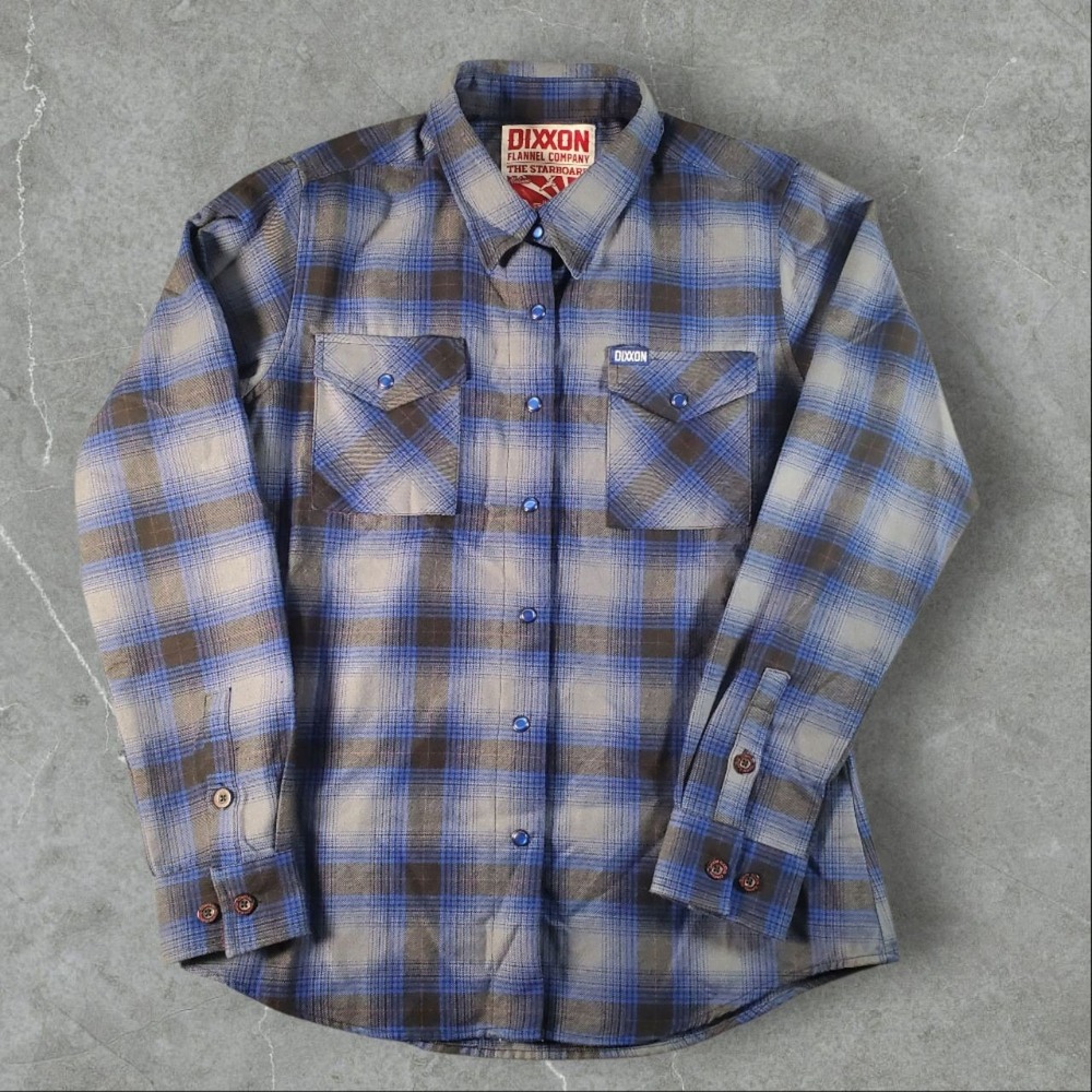 Dixxon Flannel Shirt Women Medium Blue Shadow Plaid The Starboard Pearl Snap Top